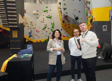 Soheila Hayek Steffen Benbow Joe Piliero stand in the Climbing Centre of the YMCA Community and Activity Village